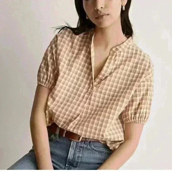 Madewell Crinkle Cotton Bubble-Sleeve Popover Shirt in Check XS - Picture 1 of 10